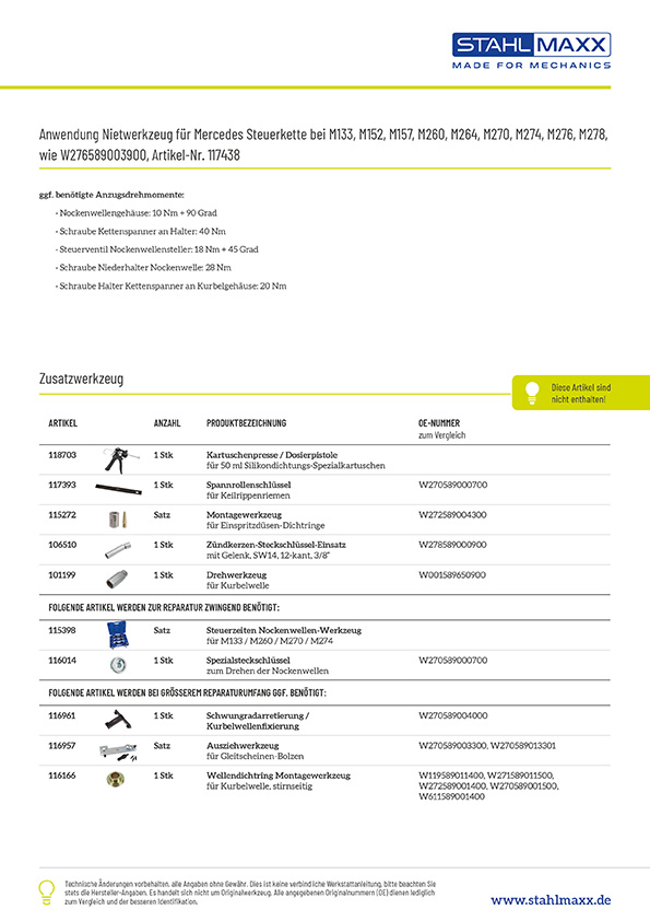 Anwendung und Zusatzwerkzeug Nietwerkzeug für Mercedes Steuerkette, wie W276589003900