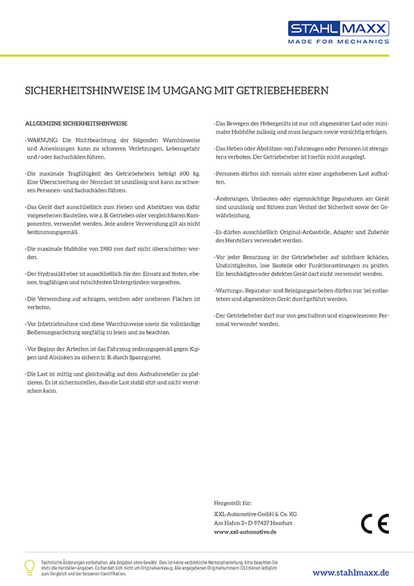 Sicherheitshinweise Getriebeheber Motorheber 600kg Tragkraft