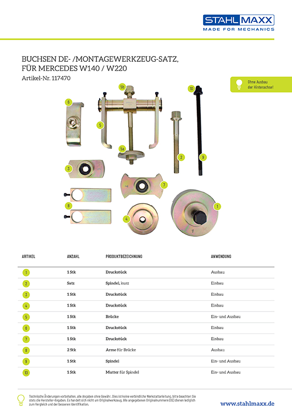 Hinterachs-Buchsen De-/ Montage Werkzeug Mercedes S-Klasse W140 C215 W220