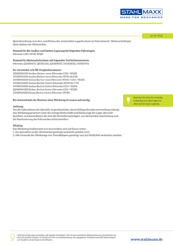 Anwendung Hinterachs-Buchsen De-/ Montage Werkzeug Mercedes S-Klasse W140 C215 W220