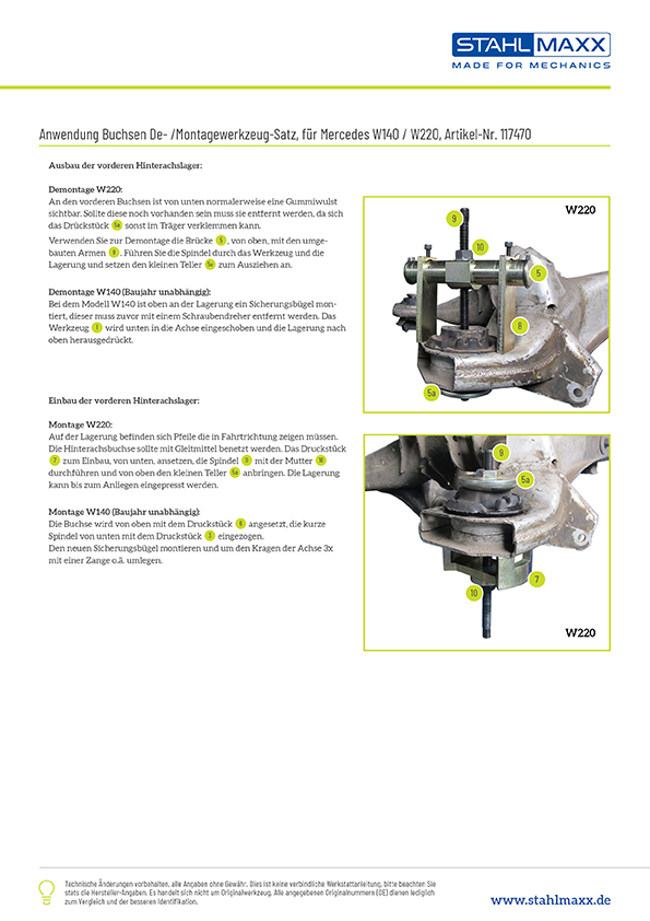 Anwendung vordere Hinterachslager Hinterachs-Buchsen De-/ Montage Werkzeug Mercedes S-Klasse W140 C215 W220