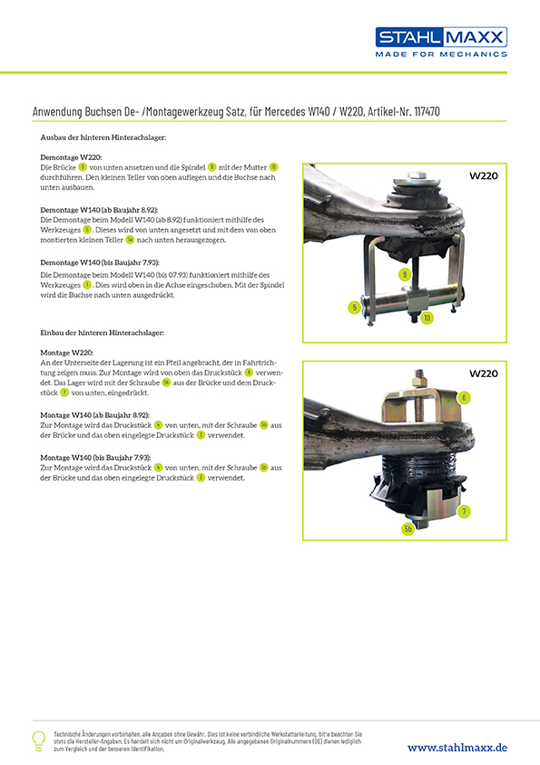 Anwendung hintere Hinterachslager Hinterachs-Buchsen De-/ Montage Werkzeug Mercedes S-Klasse W140 C215 W220