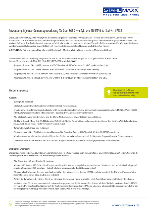 Anwendung Injektor-Demontagewerkzeug für Opel SGE 3- und 4-Zylinder Motor, zu verwenden wie EN-51146
