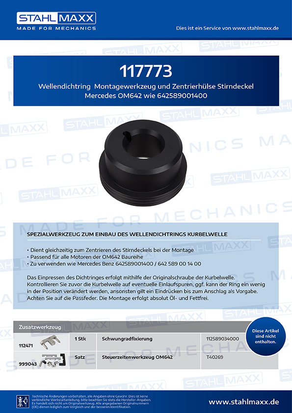 Wellendichtring Montagewerkzeug und Zentrierhülse Stirndeckel Mercedes Om642 wie 642589001400