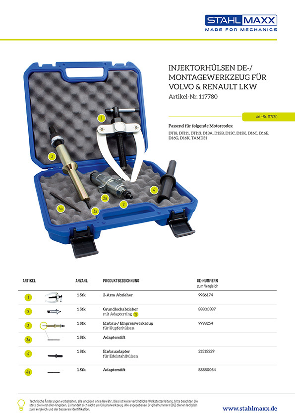 Injektorhülsen De-/Montagewerkzeug für Volvo & Renault LKW, wie 9986174, 9998254, 88800387, 88880054