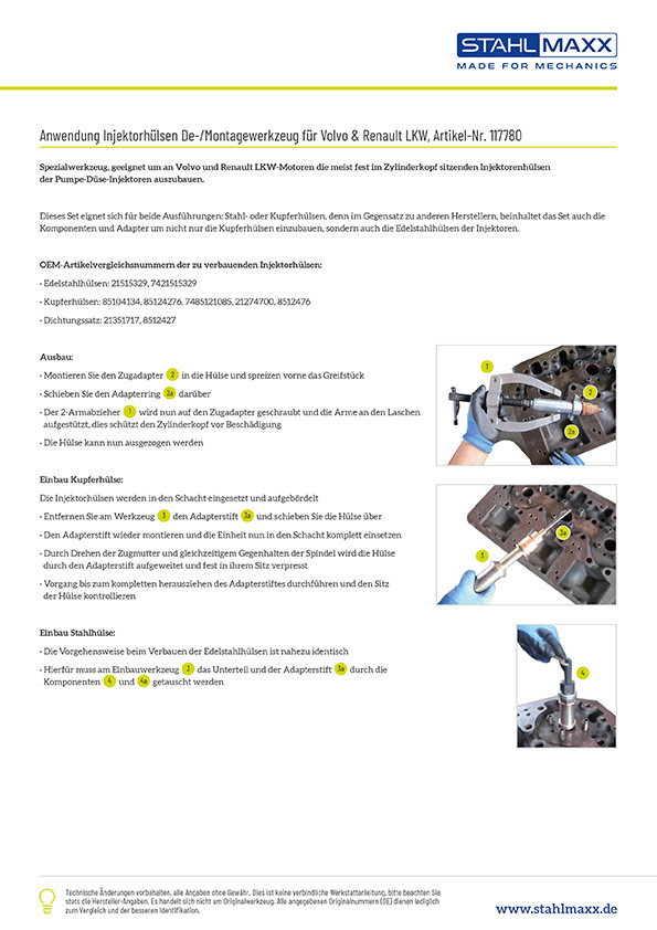 Injektorhülsen De-/Montagewerkzeug für Volvo & Renault LKW, wie 9986174, 9998254, 88800387, 88880054