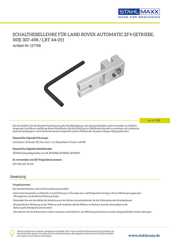 Schalthebellehre für Land Rover Automatic Zf4 Getriebe wie 307-498 oder LRT 44-011
