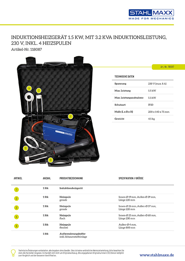Induktionsheizgerät 1.5kW, mit 3.2 KVA Induktionsleistung, 230 V - inkl. vier Heizspulen