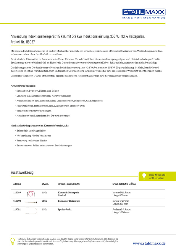 Anwendung und Zusatzwerkzeug Induktionsheizgerät 1.5kW, mit 3.2 KVA Induktionsleistung, 230 V - inkl. vier Heizspulen