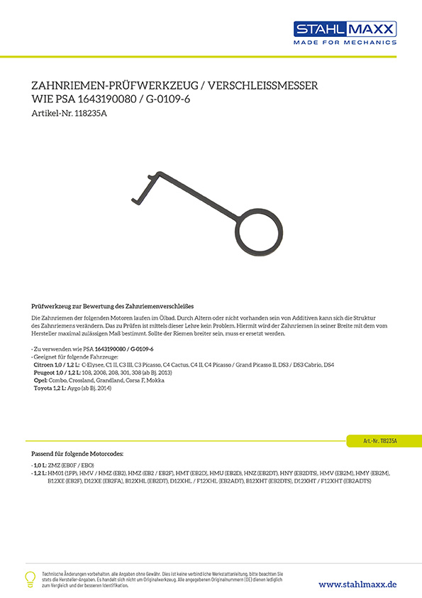 Zahnriemen-Prüfwerkzeug / Verschleißmesser wie PSA 1643190080 / G-0109-6 und Opel EN-52809