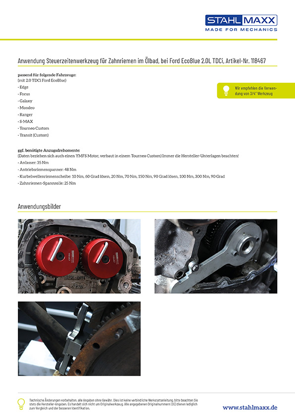 Anwendung und Zusatzwerkzeug Steuerzeitenwerkzeug Zahnriemen im Ölbad, für Ford EcoBlue 2.0L TDCI