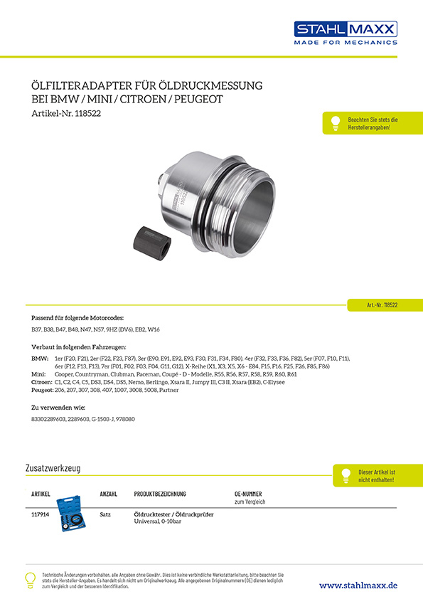 Produktinformationen Ölfilteradapter zur Öldruckmessung bei BMW, Mini, Citroen und Peugeot