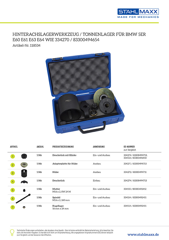 Hinterachslagerwerkzeug Tonnenlager BMW 5er wie 334270 / 83300494654