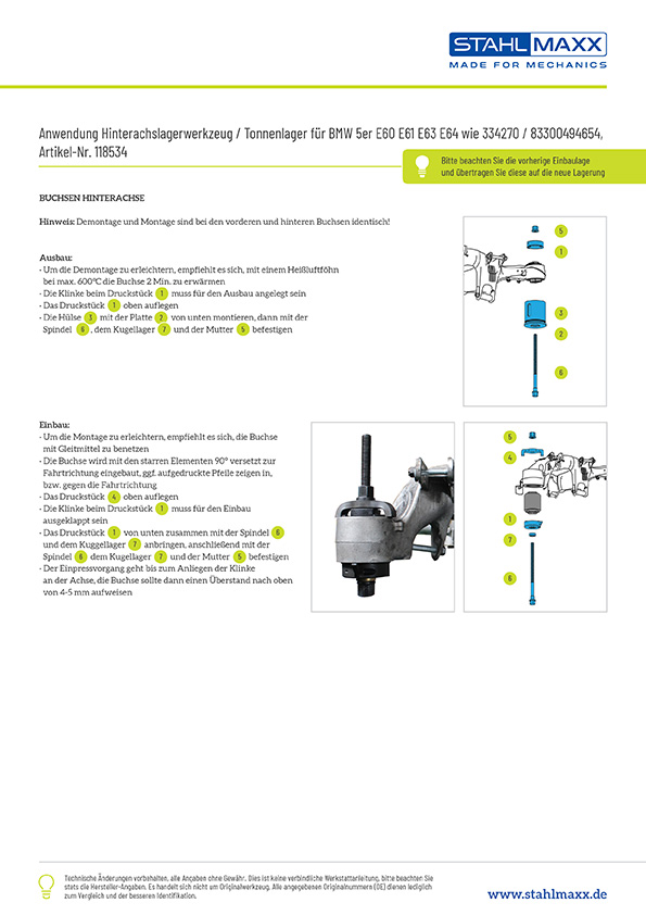 Anwendung Hinterachslagerwerkzeug Tonnenlager BMW 5er wie 334270 / 83300494654