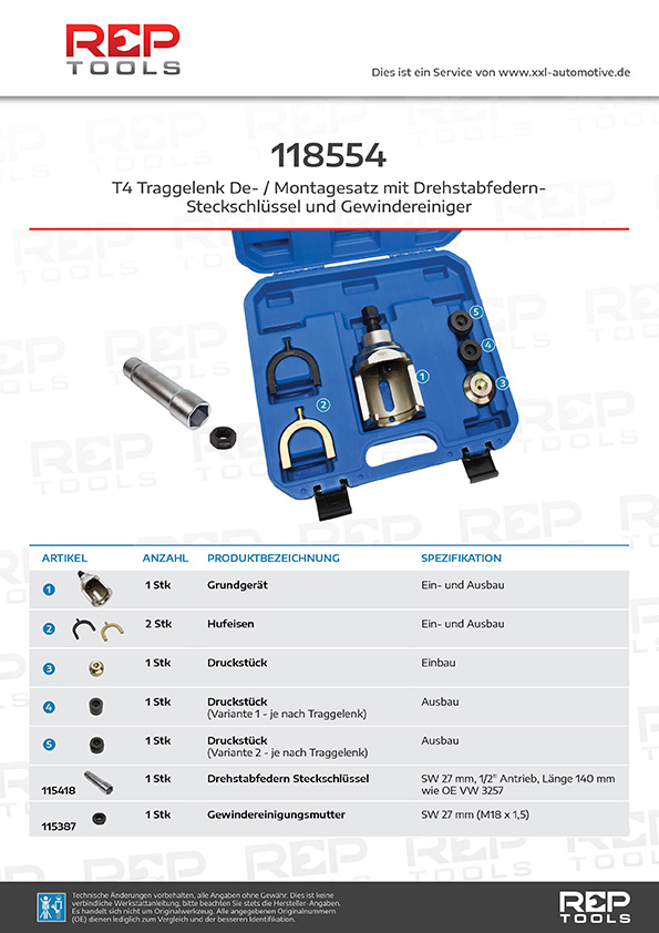 T4 Traggelenk De- / Montagesatz mit Drehstabfeder Steckschlüssel und Gewindereiniger