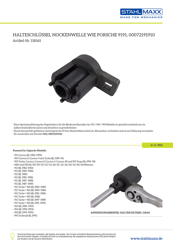 Halteschlüssel Nockenwelle wie Porsche 9191, 00072191910