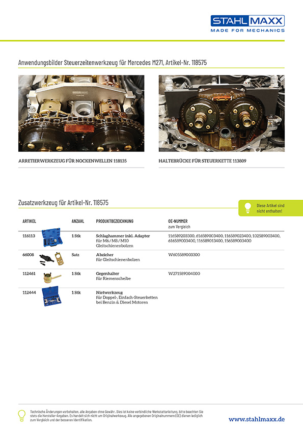 Anwendungsbilder und Zusatzwerkzeug Steuerzeitenwerkzeug Mercedes M271