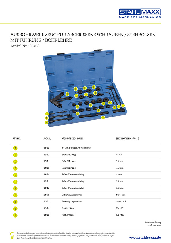 Ausbohrwerkzeug für abgerissene Schrauben, Stehbolzen mit Führung, Bohrlehre
