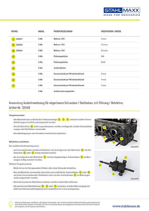Anwendung Ausbohrwerkzeug für abgerissene Schrauben, Stehbolzen mit Führung, Bohrlehre