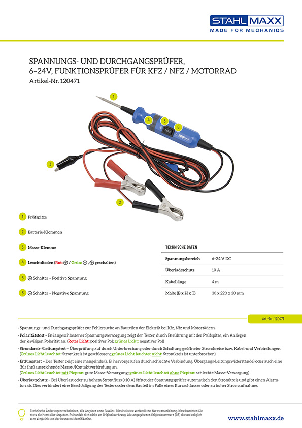 Spannungsprüfer, Durchgangsprüfer für KFZ, NFZ, Motorrad, 6 bis 24 Volt