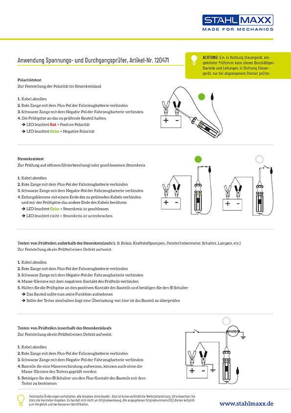 Anwendung Spannungsprüfer, Durchgangsprüfer für KFZ, NFZ, Motorrad, 6 bis 24 Volt