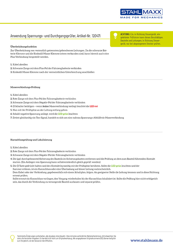 Anwendung Spannungsprüfer, Durchgangsprüfer für KFZ, NFZ, Motorrad, 6 bis 24 Volt