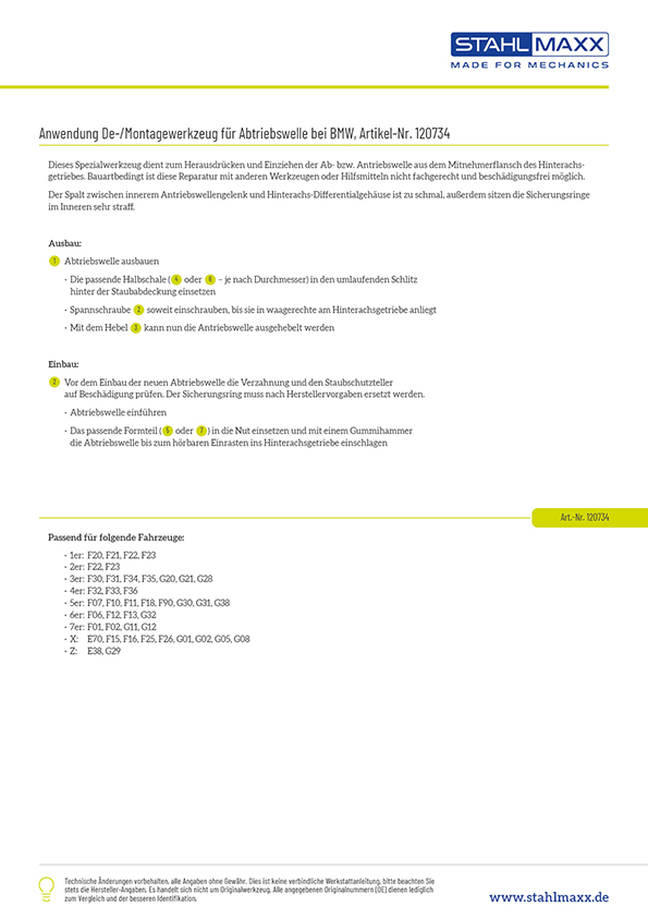 Anwendung De-/Montagewerkzeug für Antriebswelle wie BMW 335120 / 83300495851