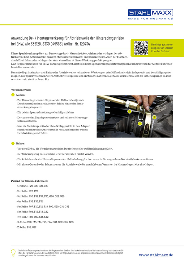 Anwendung De-/Montagewerkzeug für Abtriebswelle der Hinterachse wie BMW 335120 / 83300495851