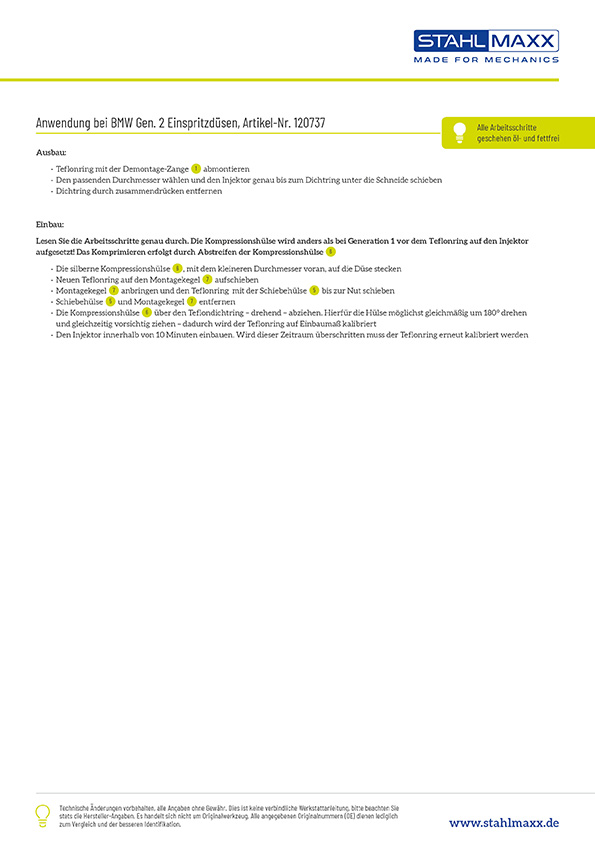 Anwendung Injektordichtring Werkzeug für BMW, Generation 1 und 2