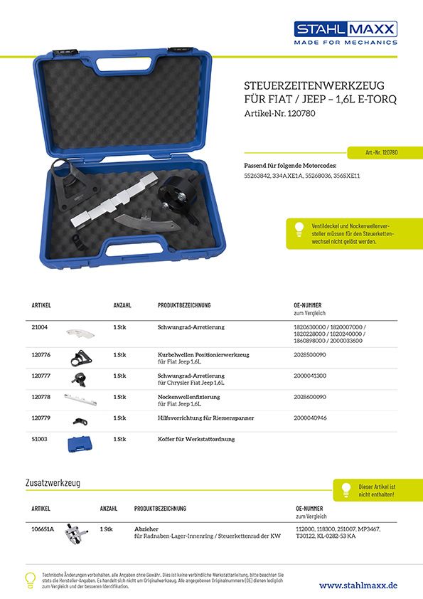 Steuerzeitenwerkzeug für Fiat & Jeep – 1,6L E-torQ mit 55263842, 55268036 Steuerkettenmotor