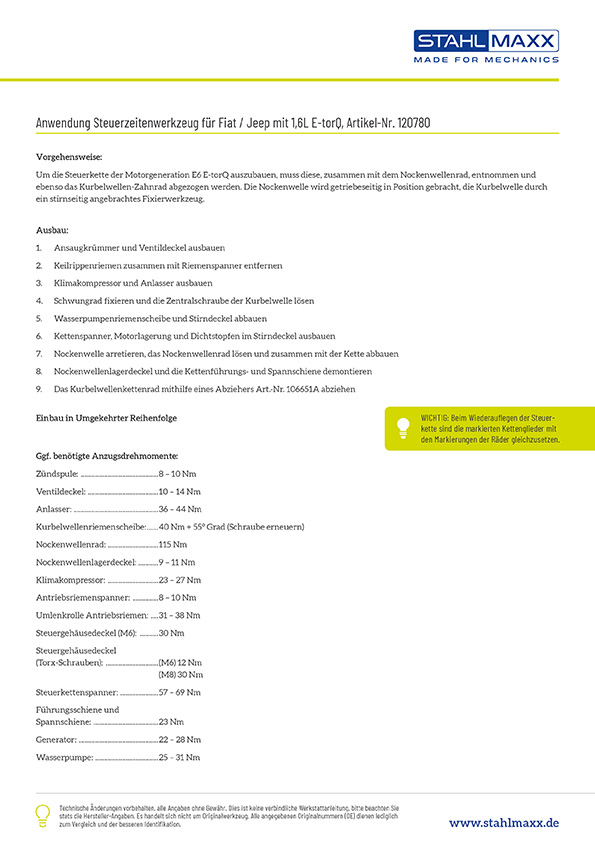 Anwendung Steuerzeitenwerkzeug für Fiat & Jeep – 1,6L E-torQ mit 55263842, 55268036 Steuerkettenmotor