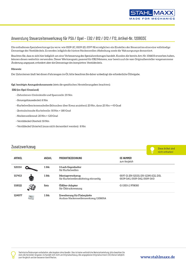 Anwendung Steuerzeitenwerkzeug für Peugeot, Citroen, Opel – EB0, EB2, B12, D12, F12
