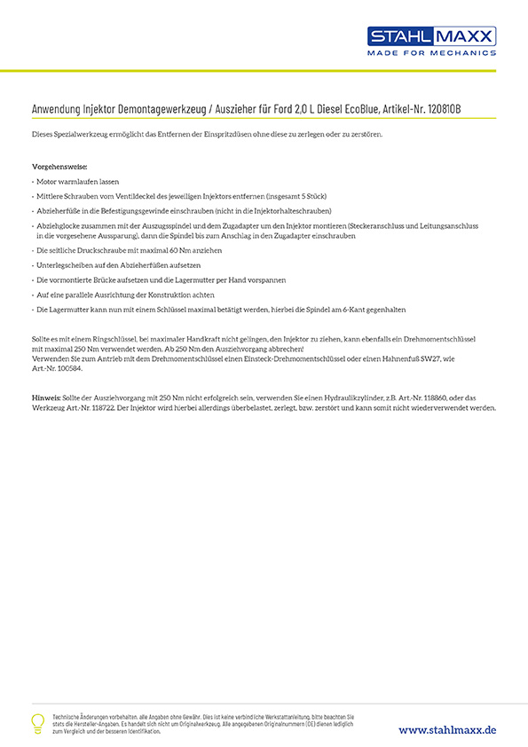 Anwendung Injektor Demontagewerkzeug / Auszieher f&uuml;r Ford 2,0 Diesel EcoBlue, wie 303-1706