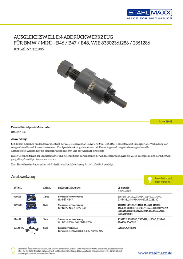 Ausgleichswellen-Abdrückwerkzeug für BMW, Mini – B46 / B47 / B48, wie 83302361286 / 2361286