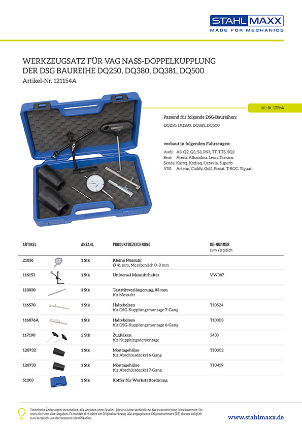 Werkzeugsatz für VAG Nass-Doppelkupplung bei DSG DQ250, DQ380, DQ381, DQ500
