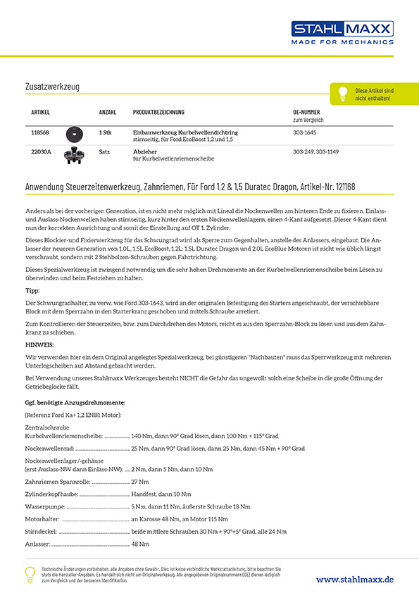 Anwendung Steuerzeitenwerkzeug Zahnriemen 1.2 & 1.5 Ford Duratec Dragon 3 Zylinder Motor