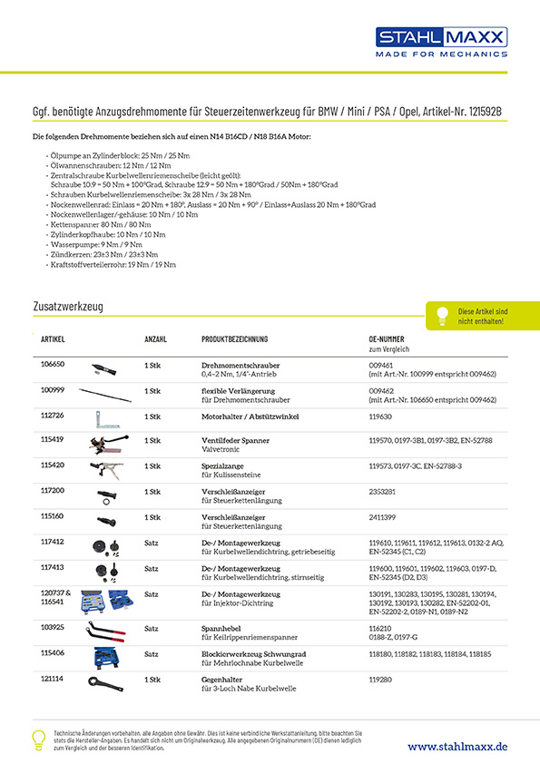 Zusatzwerkzeug für BMW Mini PSA Opel 1,4 & 1,6 L Benzin Steuerzeitenwerkzeug