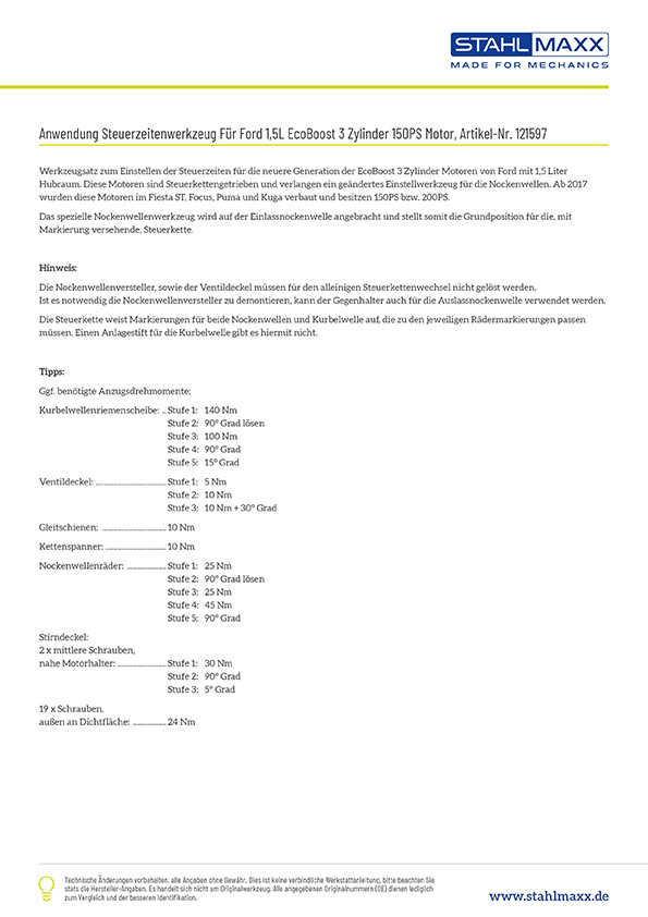Anwendung Steuerzeitenwerkzeug Ford 1,5L EcoBoost 3 Zylinder 150PS Motor