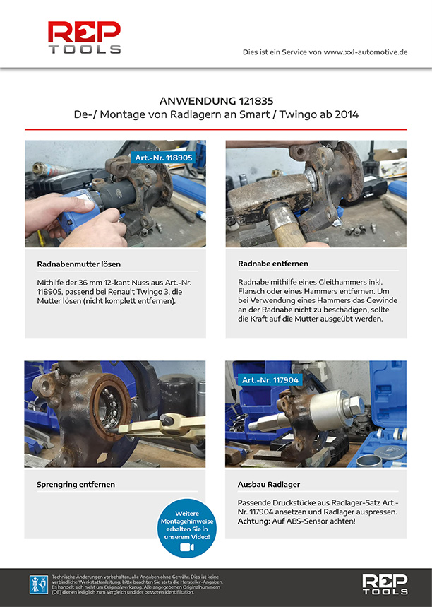 Anwendung De-/Montagesatz für Vorderachs-Radlager an Smart und Renault Twingo ab Baujahr 2014