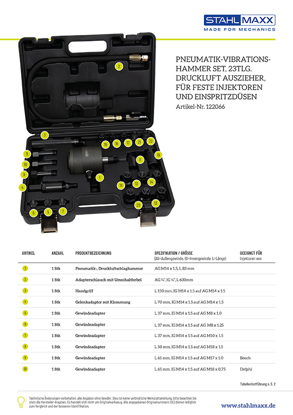 Pneumatik-Vibrationshammer Set, 23tlg. Druckluft Auszieher, für feste Injektoren und Einspritzdüsen