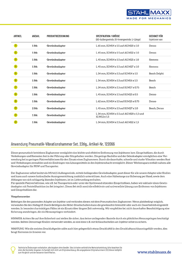 Anwendung Pneumatik-Vibrationshammer Set, 23tlg. Druckluft Auszieher, für feste Injektoren und Einspritzdüsen 