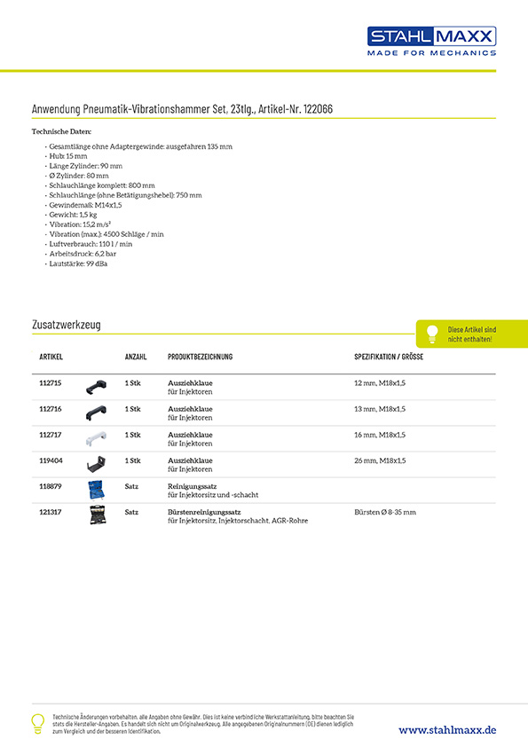 Anwendung und Zusatzwerkzeug Pneumatik-Vibrationshammer Set, 23tlg. Druckluft Auszieher, für feste Injektoren und Einspritzdüsen