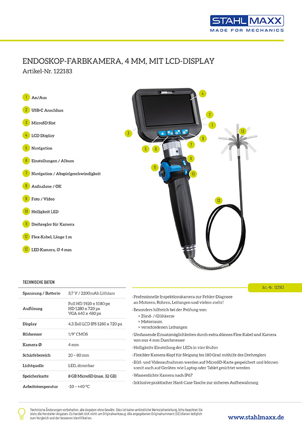 Endoskop-Farbkamera, 4 mm mit LCD-Display