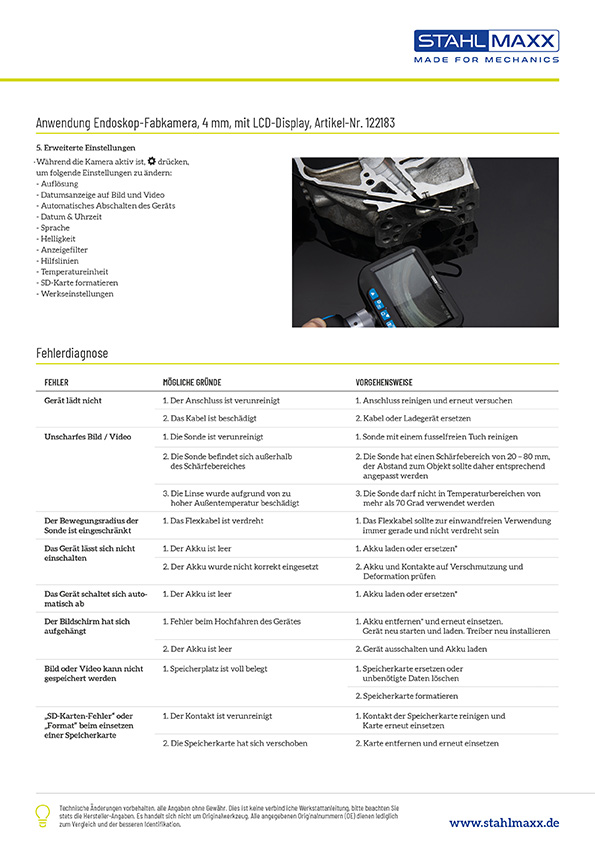 Einstellungen und Fehlerdiagnose Endoskop-Farbkamera, 4 mm mit LCD-Display