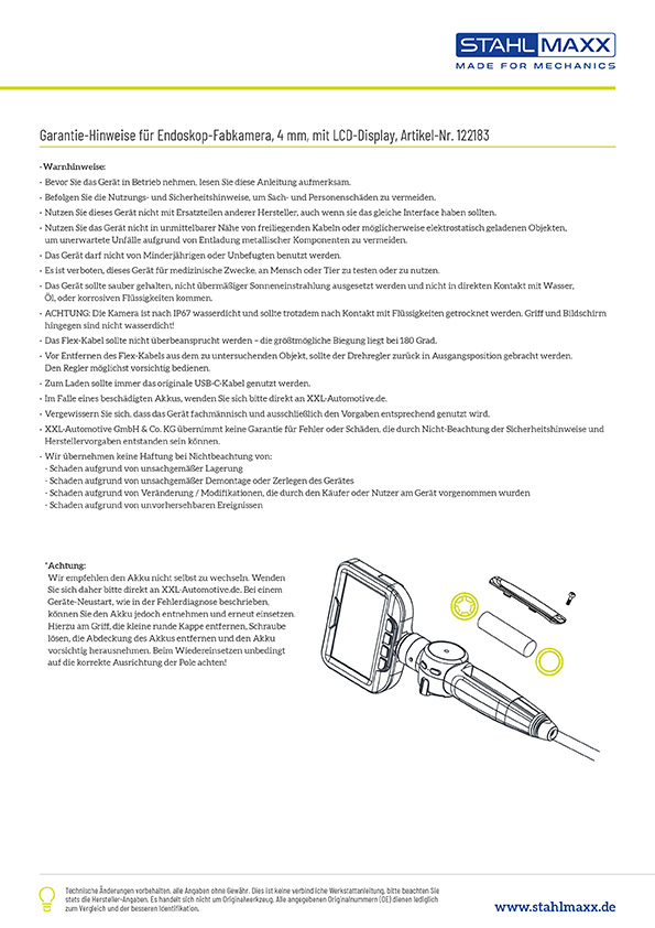 Garantie-Hinweise Endoskop-Farbkamera, 4 mm mit LCD-Display