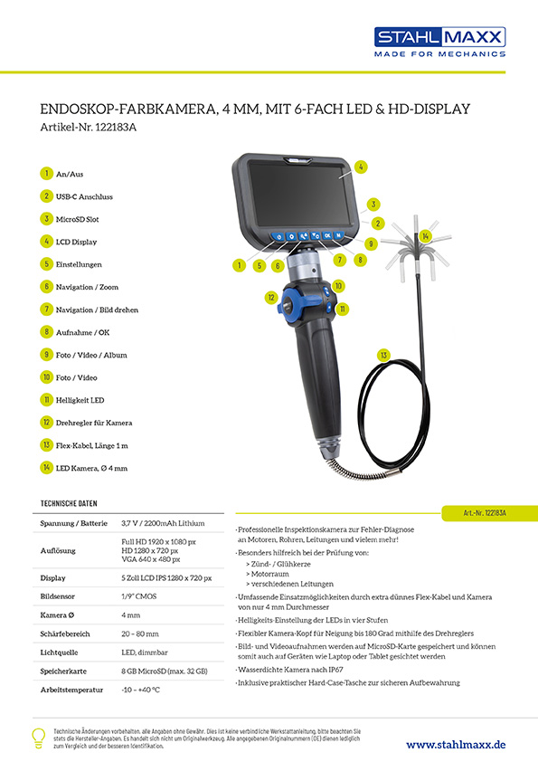 Endoskop-Farbkamera, 4 mm mit 6-fach LED & HD-Display