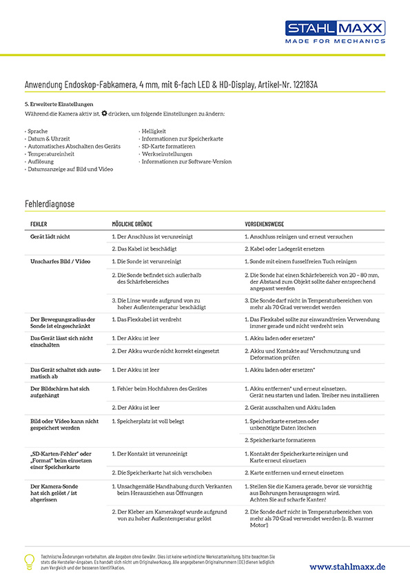 Einstellungen und Fehlerdiagnose Endoskop-Farbkamera, 4 mm mit 6-fach LED & HD-Display