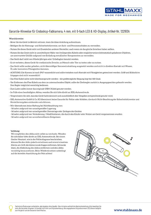 Garantie-Hinweise Endoskop-Farbkamera, 4 mm mit 6-fach LED & HD-Display