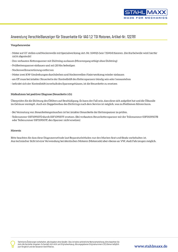 Anwendung Verschleissanzeige Steuerkette 1,2 TSI Motoren, wie VAG T30121