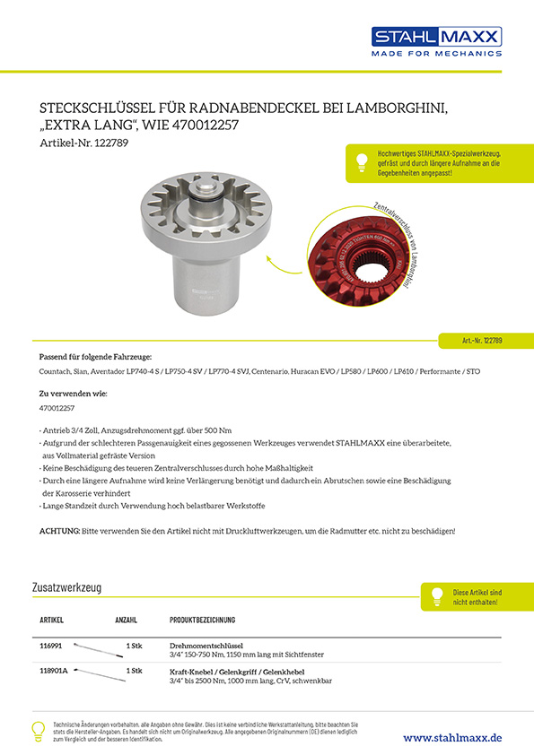 Steckschlüssel für Lamborghini Radnabendeckel - extra lang, wie 470012257